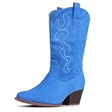Bandkos Cowboy Boots for Women Cowgirl Mid Calf Western Embroidered Boot Low Chunky Block Heel Fashion Boots Size 8 Light Blue