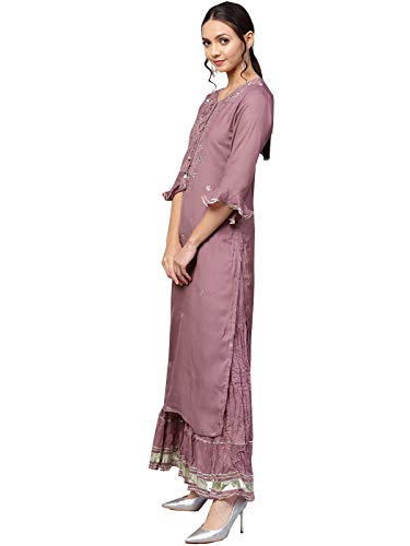Image of ishin Women's Rayon Burgundy Embellished A-Line Kurta set With Skirt