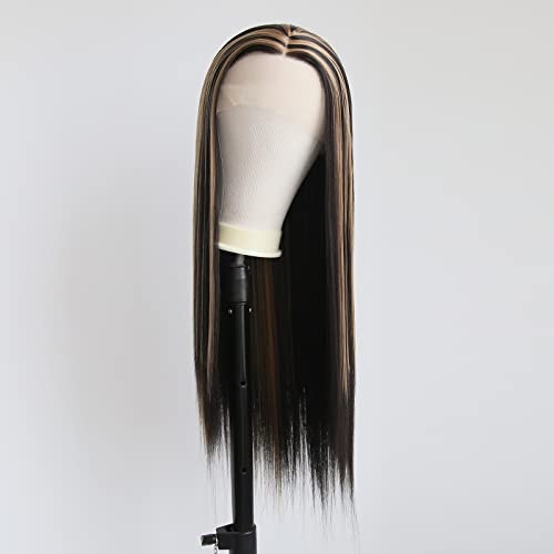 Towarm Balayage Wig Black Highlight #27 Middle Part Synthetic Lace Front Wigs for Black Women Long Straight Natural Heat Resistant Fiber 13x3.5inch Hand Tied Cosplay Wig (Piano Color 1B/#27) - Image 2