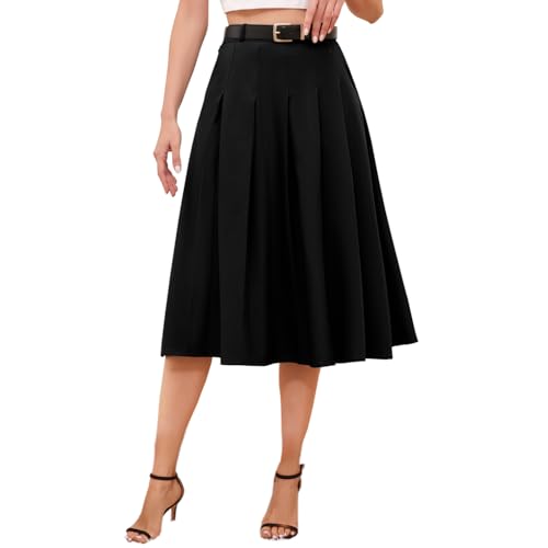 Cromoncent Women's Long Pleated Skirt with Pockets, High Waisted School Uniform A-line Skirts Long # Black Pocket, US 3XL