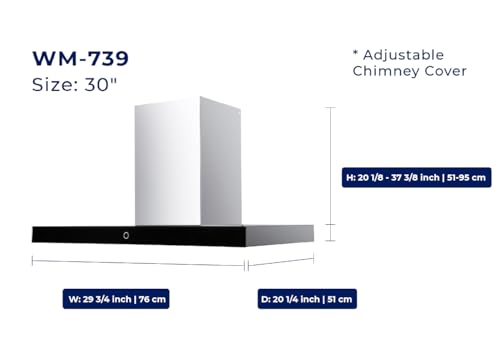 Image of Hauslane Wall Mounted Range Hood 30 Inch WM-739, Powerful Suction, Wall Mount Kitchen Vent, Stainless Steel, Black Glass Panel, 3 Speed Touch Control, Baffle Filter Vented or Ventless 6 inch Duct