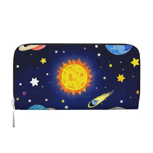 Illustration Of The Solar Universe Leather Wallet For Women Girl, Zip Around Credit Card Holder Long Pu Wallet Clutch Purse Waterproof Travel Handbag