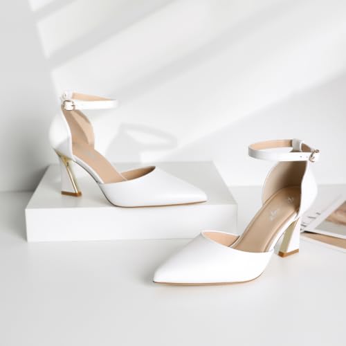 Image of RIBONGZ Comfortable Kitten Heels for Women Pointed Closed Toe Ankle Strap Buckle Heels Slip on Low Heel Church Pumps Wedding Bridal Party Dressy Shoes