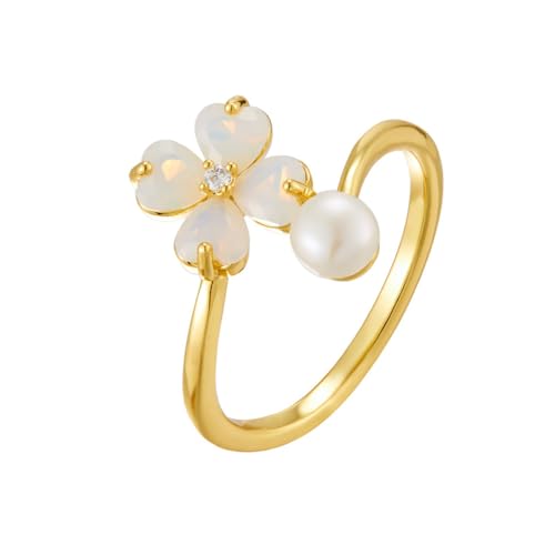 Kokoma Flower Pearl Ring for Women Cubic Zirconia Clover Four Leaf Open Statement Ring Crystal Floral Promise Engagement Rings Fashion Jewelry