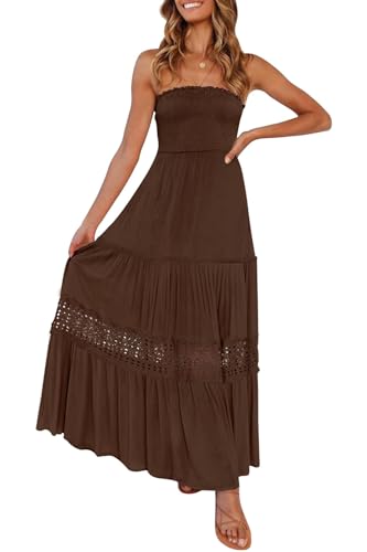 ZESICA Women's 2025 Summer Bohemian Strapless Off Shoulder Lace Trim Backless Flowy A Line Beach Long Maxi Dress,Coffee,Large