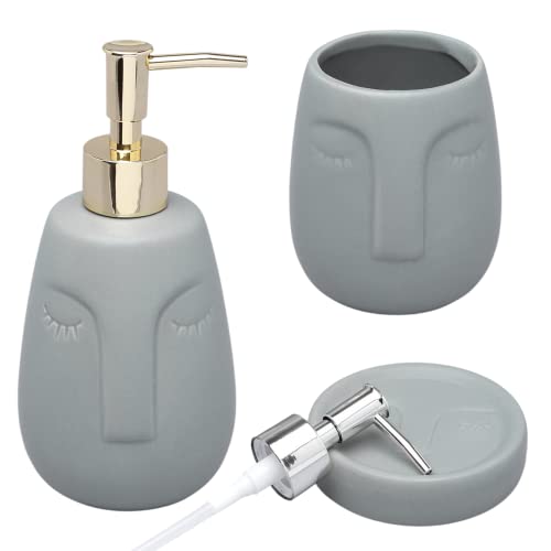 G Decor Artistic Grey Ceramic Bathroom Set Ceramic Bathroom Accessory Includes Liquid Soap or Lotion Dispenser with Both Pumps Included in Set, Toothbrush Holder, Tumbler, a soap dish