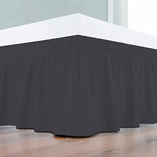 Image of Wrap Around Dust Ruffled Bed Skirt 10 inch Inch Tailored Drop Fade Resistant Brushed Microfiber Bed Skirt - Single Bed | Dark Grey