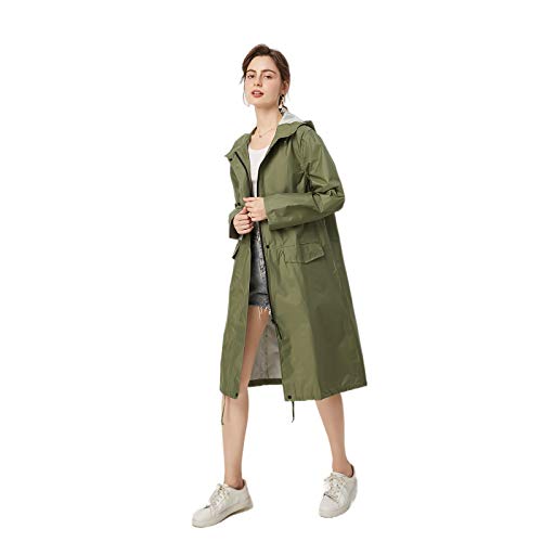 Freesmily Womens Stylish Long Raincoat Rain Jacket with Hood Zipper Button and Pockets Muti Colors Polka Dots3