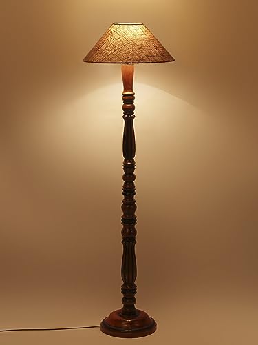 Image of Beaver Jute Shade Wooden Floor Lamp with Wooden Base, Height - 53 Inches | Contemporary Standing Lamp for Living Room, Bedroom & Office | Elegant Lighting for Stylish Home Interiors