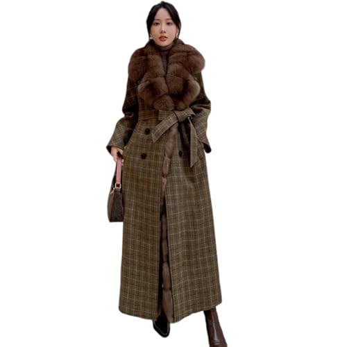 Denny&Dora Women’s Plaid Wool Coat with Fox Fur Collar, Belt