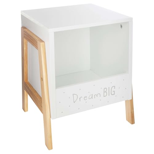 Mesita de Noche Infantil 1 Cajón con Patas de Madera de Pino Blanco y Roble Claro, Fabricado en Melamina 33 cm