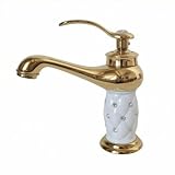 XLWLLNJ Rubinetto Lavabo Monoforo con Leva Singola E Base Cilindrica con Inserti Pietre Preziose per Lavabo Bagno Stile Vintage, Senza Tubi Flessibili, Finitura Dorata Con Bianchi, Oro E Bianco