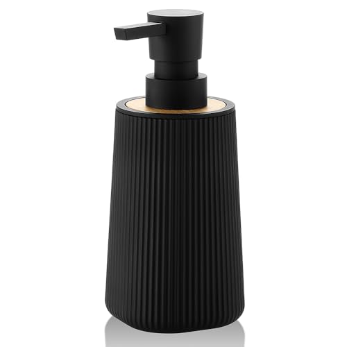 Small Soap Dispenser for Bathroom and Kitchen, Modern Farmhouse Striped Style Plastic Hand Soap Dish Soap Dispenser with Bamboo Decor Black