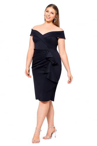 Image of Xscape Women's Bodycon Midi Off-The-Shoulder Ruffle Dress with Center Back Zipper, Petite & Plus Size