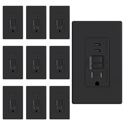 ELEGRP GFCI Outlet with USB Ports, 15 Amp Self-Test GFCI Combination with Dual USB C Ports, 24W Max Total Output, Tamper Resistant GFCI USB Outlet with Wall Plate, UL Listed, Matte Black, 10 Pack