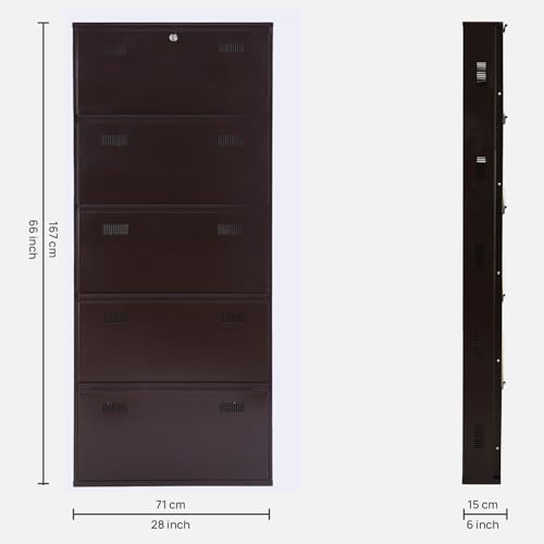 Image of Metal Shoe Rack Wall Mounted for Home with Central Locking |5 Door 28 inch Wall Mounted Metal 15 Pair Shoe Rack Cabinet | Pre-Assembled Rack Shelves | 3 Year Warranty (Brown)