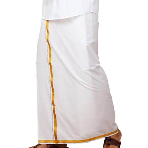 Image of Success Stationery White Dhoti for Men Cotton with Golden Zari Border | Lungi for Men Cotton | South Indian Veshti Pancha Panche | Kerala Mundu | 2 Meter | Single Layer Daily Wear Pooja Wedding