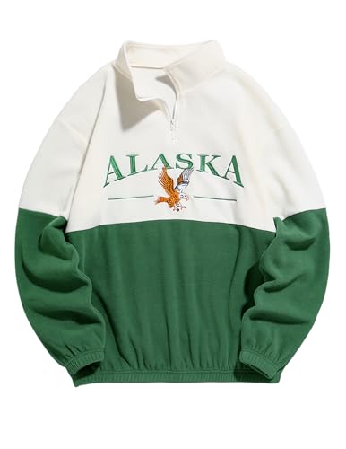 ZAFUL Men's Bold Print Quarter Zip Pullover Graphic Oversized Fleece Sweatshirt Color Block Crewneck Vintage Casual Streetwear Top