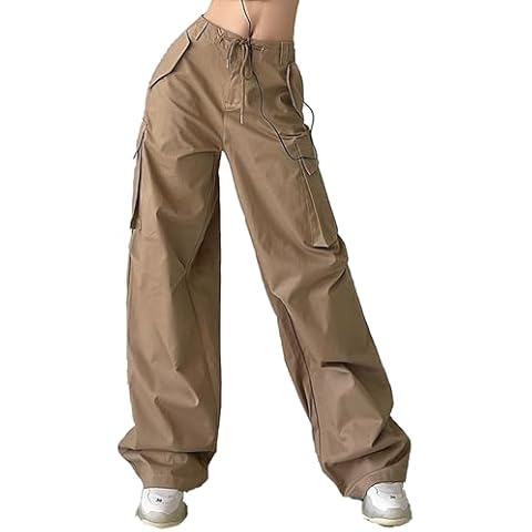 Parachute Pants for Women Cargo Joggers Women Baggy High Waist Wide Leg Drawstring Elastic Sweatpants Y2K Pants with Pockets Khaki Cover