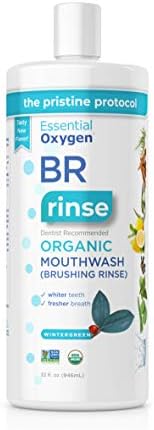 Essential Oxygen Certified BR Organic Brushing Rinse, All Natural Mouthwash for Whiter Teeth, Fresher Breath, and Happier Gums, Alcohol-Free Oral Care, Wintergreen, 32 Ounce