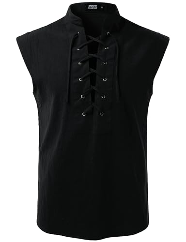 JOGAL Mens Renaissance Shirt Pirate Medieval Sleeveless Halloween Costume Steampunk Viking Lace-up Stand Collar Shirts Black XX-Large