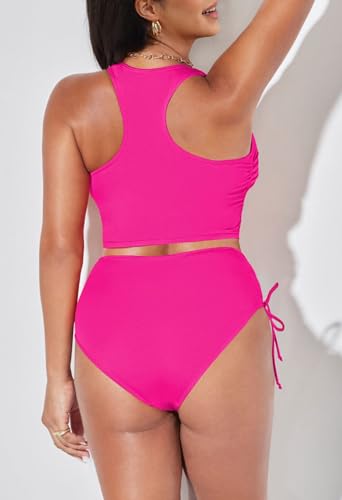 Pink Queen Women's Scoop Neck Racerback Ruched Crop Top High Waisted Bikini Sets 2 Piece Swimsuit Bathing Suit3