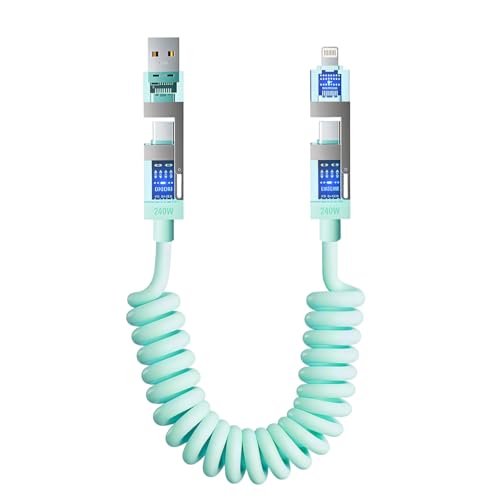 Image of Verilux 4-in-1 Spring Coiled USB to Type C Cable for iPhone 17 /16 /15 /14, PD 240W Type C Cable Fast Charging with 480Mbps Data Transfer, Fashion Retractable Lighting Cable Design for Home, Car, Green