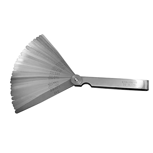 Feeler Gauge Set 0.001-0.04 (0.03-1.00mm) 32 Blades Stainless Steel SAE/Metric Dual Marked Measure Gap Thickness for Spark Plug, Valve, Piston, Guitar