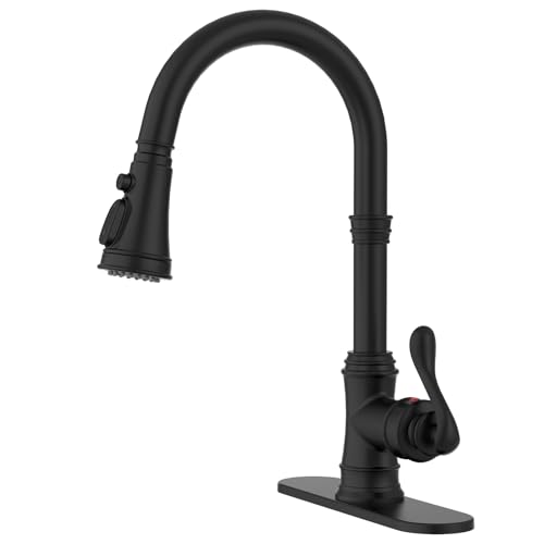 BWE Black Kitchen Faucet with Pull Down Sprayer, Solid Brass High Arc Single Handle Sink Faucet for Farmhouse Kitchen, 3 Spray Modes
