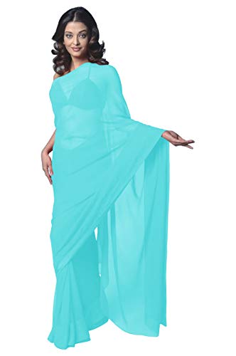 themilestocks Women's Bollywood Chiffon Plain Sari Festival Uniform Saree Wrap Fabric Unstitched Blouse Piece Party Wear (Aqua),One Size