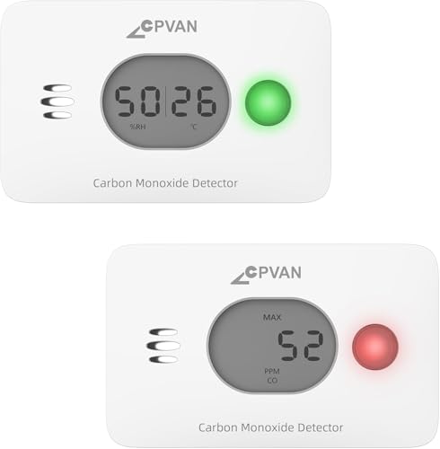 CPVAN Détecteur de Monoxyde de Carbone 3 en 1, Détecteur de Gaz CO 10 Ans avec Batterie Remplaçable de 4 Ans, Détecteur de CO avec Température et...