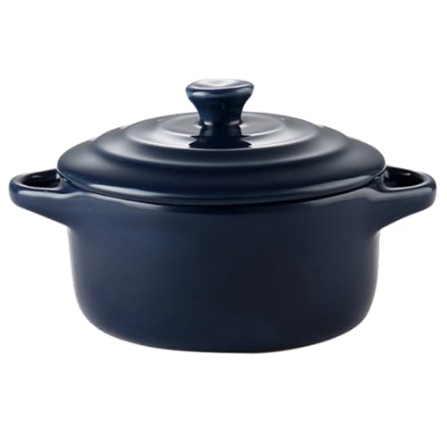STOBAZA 1pieza Tazón de Cerámica con Asas Dobles Apto para Microondas con Tapa para Cocina Doméstica Color Azul Oscuro