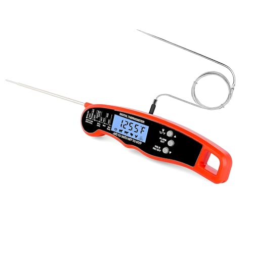 Ausenzup Barbecue Thermometer, Double Probe Head Design for Simultaneous Monitoring, Easy-to-Read LCD Display, Digital Meat Thermometer for Turkey, Chicken, Bread, and BBQ, Safe Wired Probe(Red)