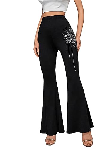 SweatyRocks Women's High Waist Flare Leg Pants Elastic Waist Butterfly Pattern Pants