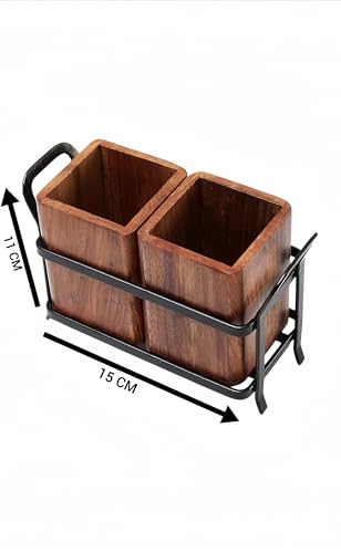 Image of Wooden Cutlery Holder with Metal Stand | Spoon Holder for Kitchen, Fork Organizer for Dining Table, Utensil Holder for Kitchen Counter | Rustic Wood Finish (2 Compartments)