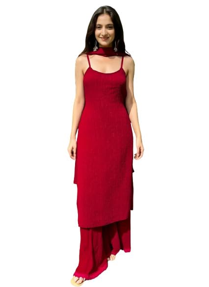 fashion queen Women Poly Georgette Red Sleeveless Kurta with Sharara and Dupatta-picture-45