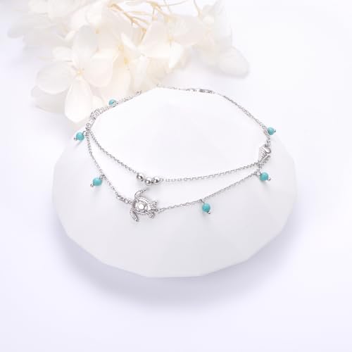 Image of Flyow Anklet for Women S925 Sterling Silver Adjustable Foot Beaded Heart Charm Ankle Bracelet Anklets Jewelry