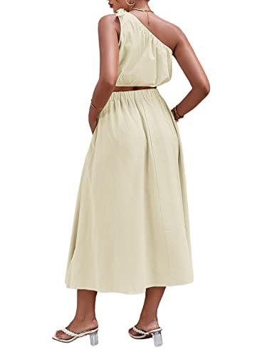 Lyaner Women's 2 Piece Outfit One Shoulder Crop Top And Side Split Midi Skirt Set With Pockets Solid Beige X-Small #TOP1