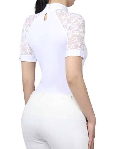 Harrison Howard Women's Slim Fit Show Shirt with Lace Sleeves and Iconic Bit Breathable Comfortable Rider Top,Oval White,Small