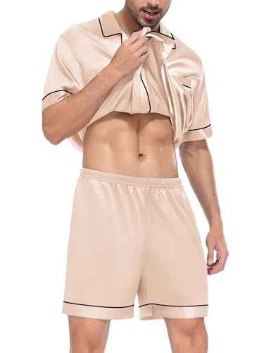Image of SWOMOG Satin Matching Pajamas Sets Couple Silk Button Down Nightwear Men & Women Short Sleeve Sleepwear 2 Pieces Loungewear Champagne