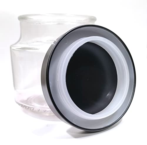 Image of Piraml Glass Transparent Jars & Containers for Kitchen Pantry, Snacks, Masala, Pickles, Dry Fruits, Coffee Beans Storage with Black Color Double Layer Metal Pop Lid (Set Of 4) (600ml Round Black Cap)