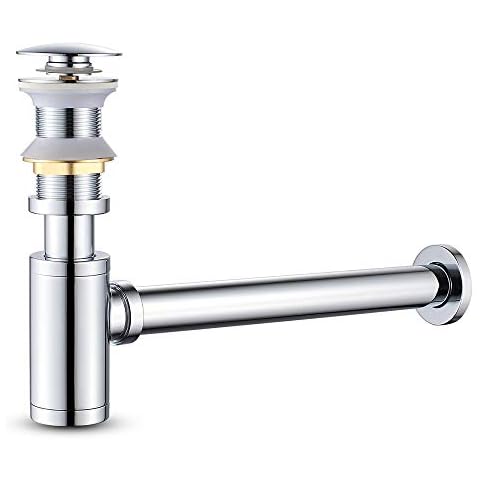 MENATT Round P-Trap Waste Pipe Kit Assembly, Bottle Trap Deodorant Type with 1 1/4" Pop-up Drain Stopper without overflow, Bathroom Sink Siphon Drainer Plumbing Tube Chrome Finished Cover