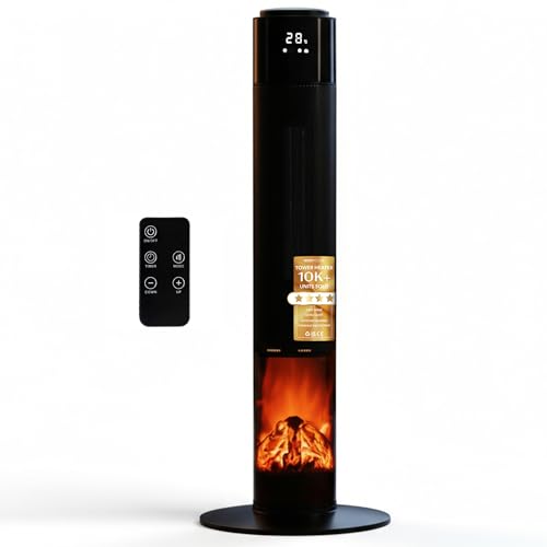 MONHOUSE Oscillating Tower Fan Heater with Fireplace 33 inches - Portable PTC Ceramic Electric Heater with LCD Display Remote Control Overheat Protection and Safety tip-over Switch - Black