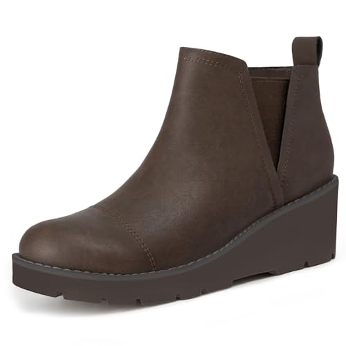 Athlefit Women's Wedge Chelsea Boots Platform Lug Sole Elastic Short Ankle Booties Dark Brown Size 8.5