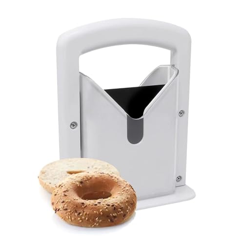 Bagel Guillotine Slicer Bagel Precision Slicer Cutter with Safety Shield and Safe Grip Stainless Steel Blade for Cutting Large and Small Bagels 6.8" L X 3.7" W X 8.8" H(White)