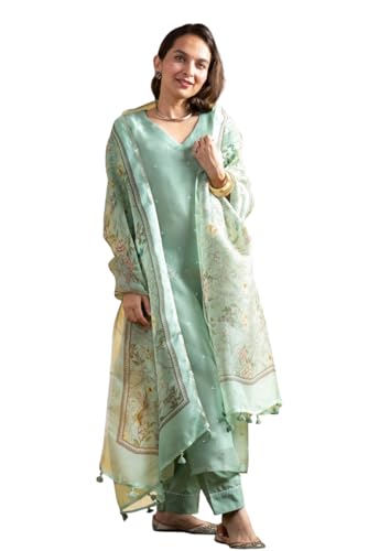 Image of Yashika Women Viscose Chanderi Fabric Straight Kurta, Pant and Dupatta Set | Kurta Set for Women
