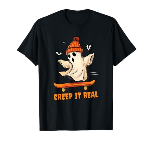 Funny Skating Halloween Ghost Creep It Real Skateboarder Pun Camiseta