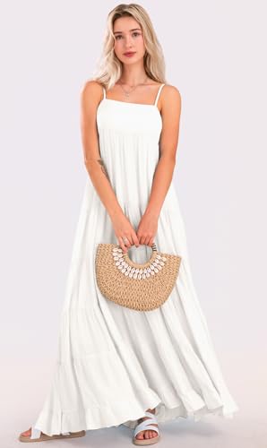 Image of loveimgs Women Summer Spaghetti Strap Smocked Maxi Dress Tiered Ruffle Sleeveless Long Flowy Dress Beach Sundress