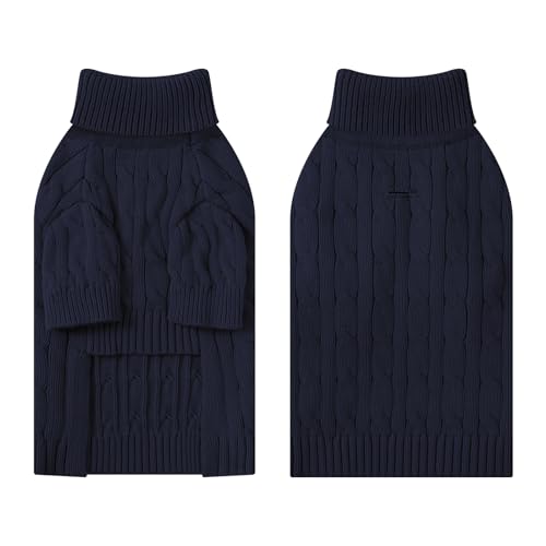 Image of Small Dog Thermal Pullover Sweater, Classic Turtleneck Cable Knitwear Dog Clothes for Cold Weather Warm Pet Clothes for Chihuahua, Bulldog, Dachshund, Pug Navy Large