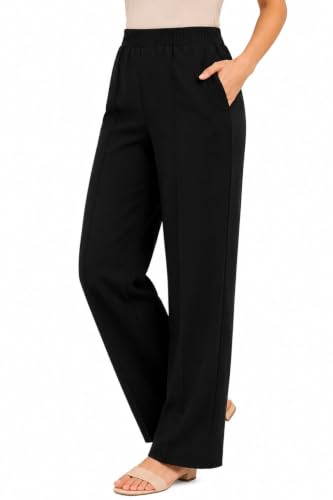 Image of Women's Mid Rise Wide Leg Trousers with Elastic Waist & Pockets